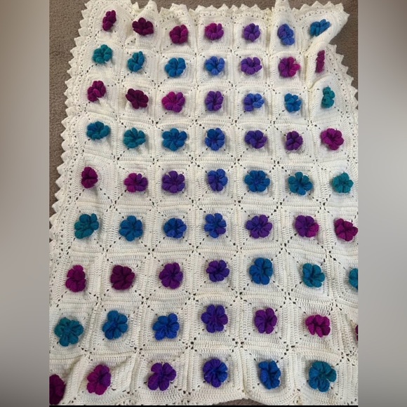 Other - Handmade White Crochet Blanket with Blue & Purple Flower Appliqués